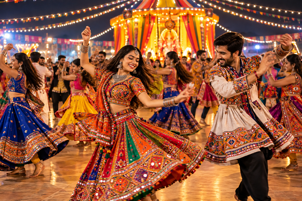 People performing Garba in colorful traditional outfits during Navratri celebrations with festive lights and decorations.
