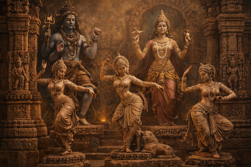 Ancient sculptures of deities and dancers depicting the mythological origin of Odissi and the history of Odissi dance in a temple setting.