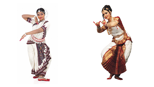 Two female Indian classical dance performers show key dance forms and techniques of Odissi dance in traditional attire.